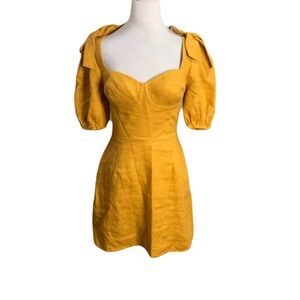 Reformation Women’s Size 4 Mustard Gold Puff Bow Sleeve 100% Mini Dress Summer